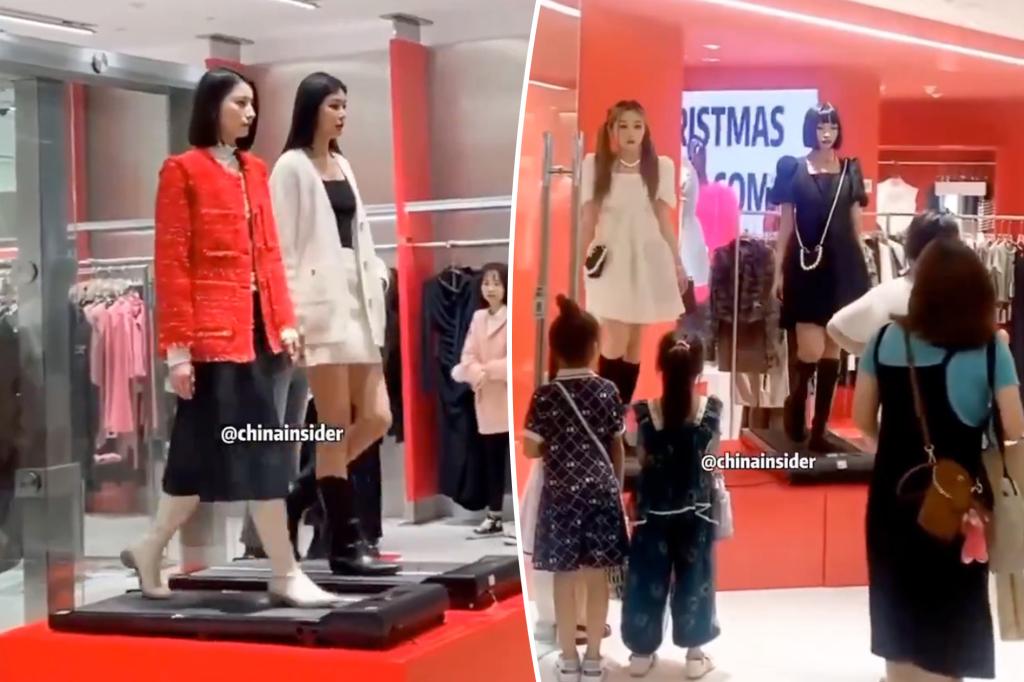 Shoppers were shocked by 'living' mannequins modeling clothes on a moving treadmill